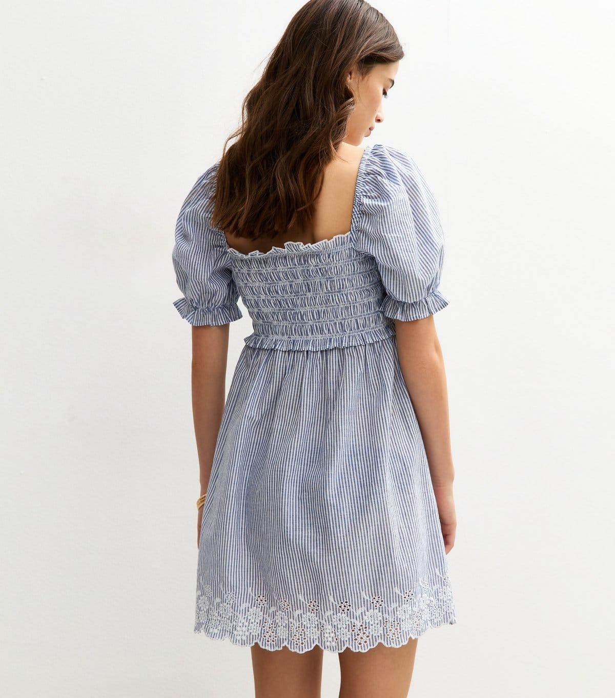 New Look Women's Blue Striped Embroidered Puff Sleeve Mini Dress New Look - 4