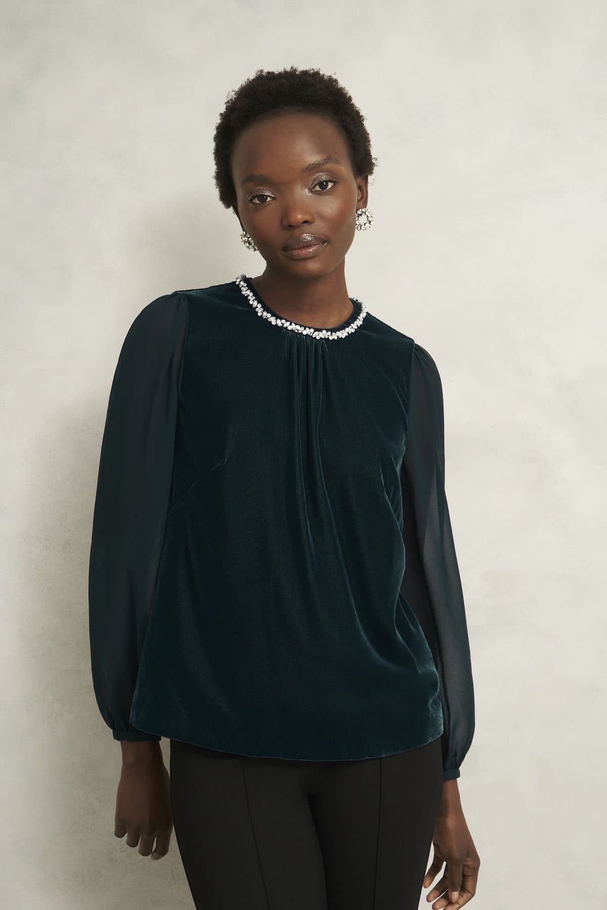 Hobbs London Hobbs London Bottle Green Velvet Long Sleeve Top