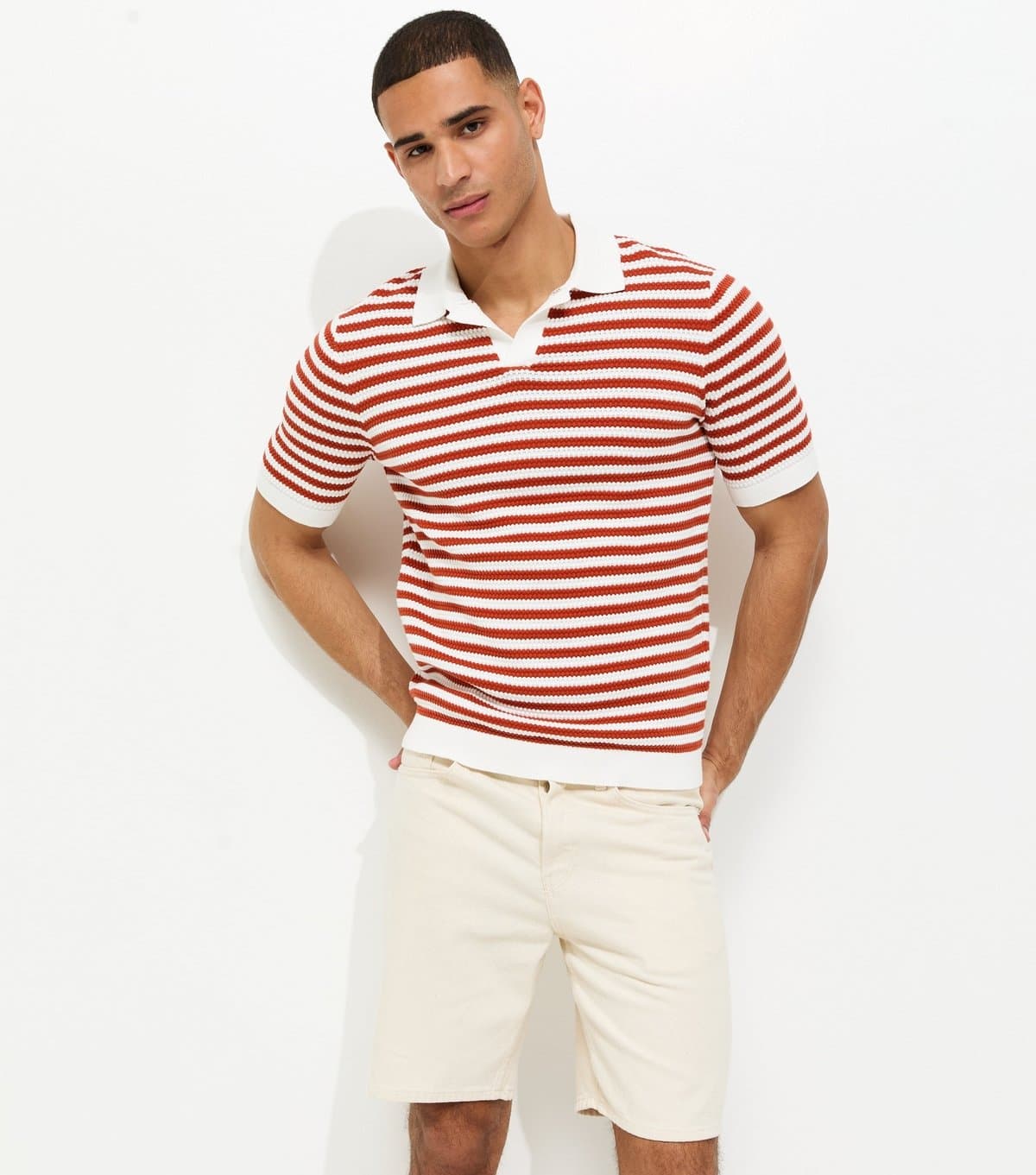 Only and Sons Men's Rust Striped Knitted Polo Shirt Only and Sons New Look