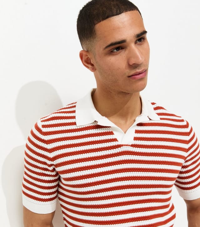 Only and Sons Men's Rust Striped Knitted Polo Shirt Only and Sons New Look - 2
