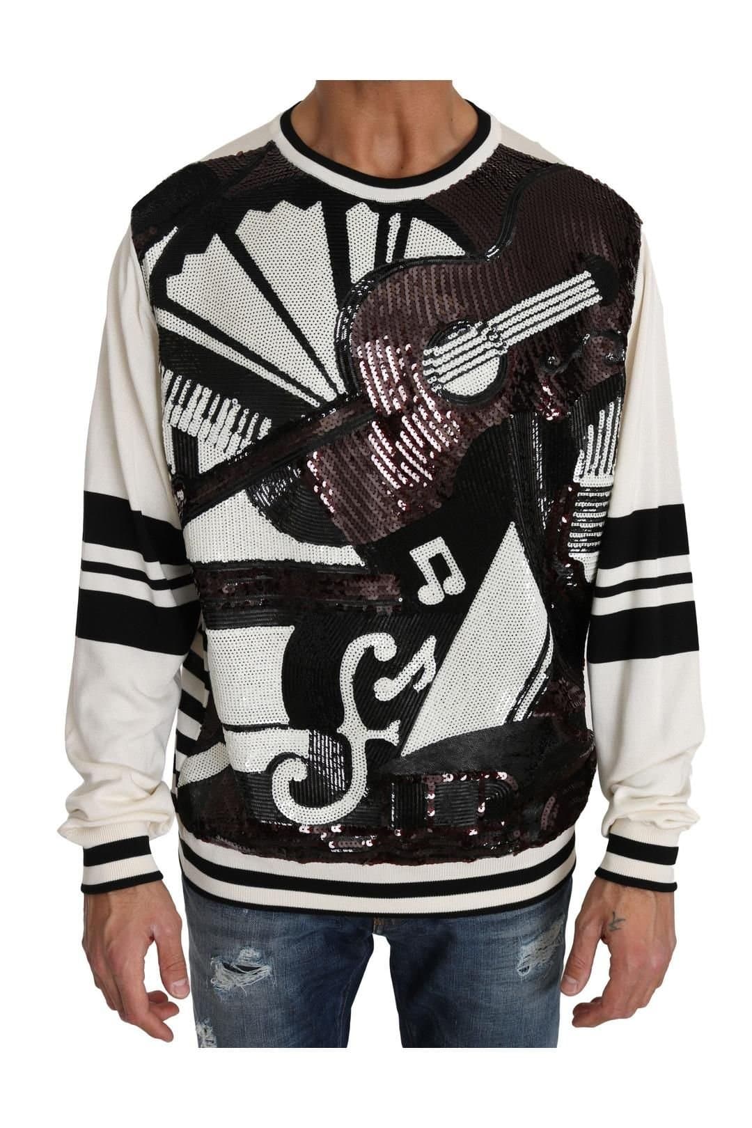 Dolce & Gabbana Dolce & Gabbana Men's White Jazz Sequined Guitar Pullover Top Sweater in True Black