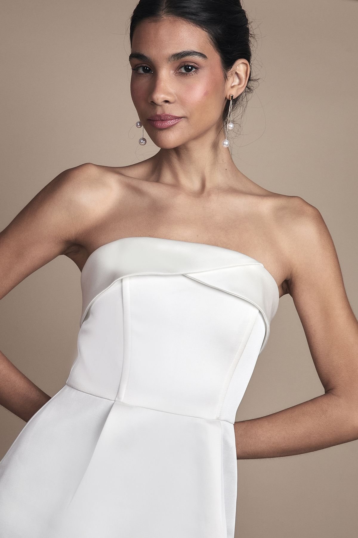 Coast Coast Women's Strapless Satin Mini Wedding Dress with Hem Pearl Trim in Ivory - 4