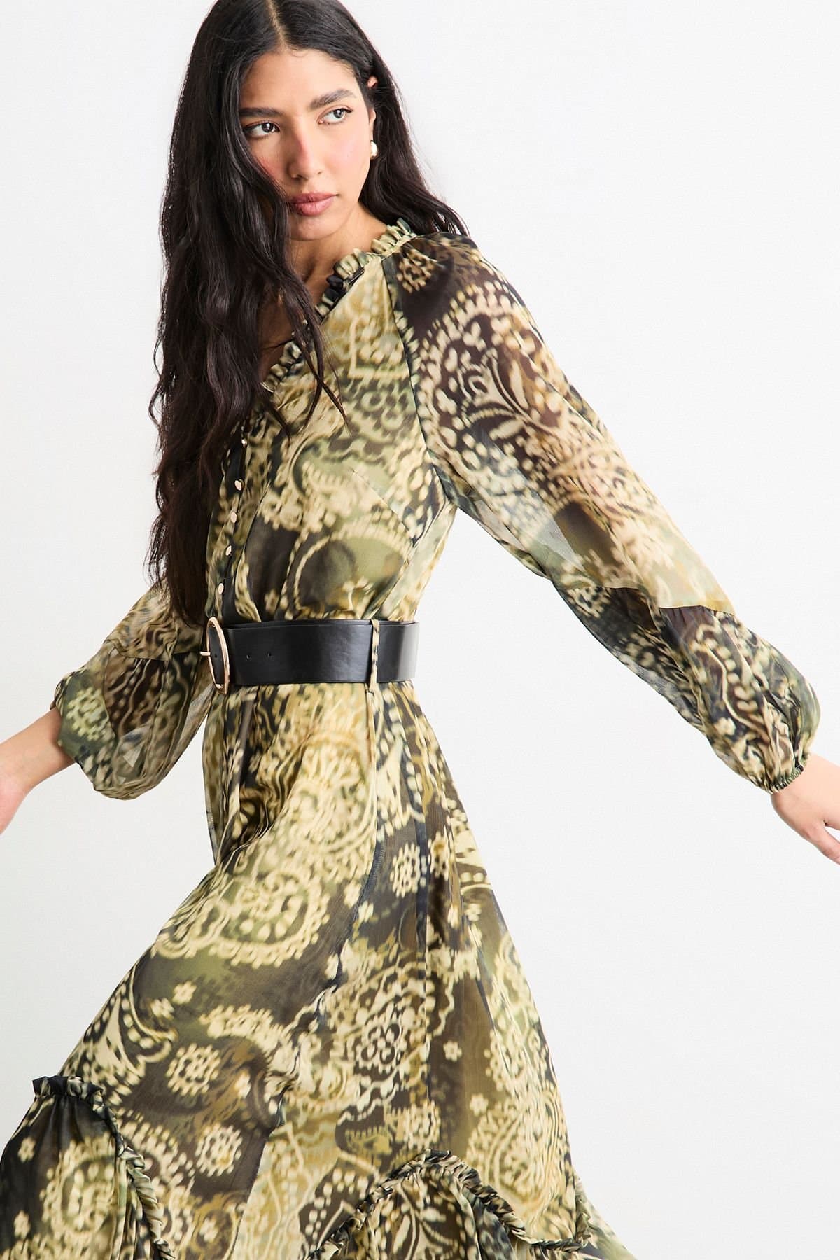 Warehouse Warehouse Women's Printed Ruffle Detail Belted Maxi Dress