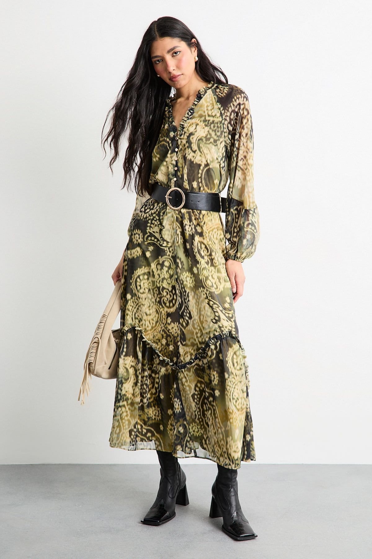 Warehouse Warehouse Women's Printed Ruffle Detail Belted Maxi Dress - 4