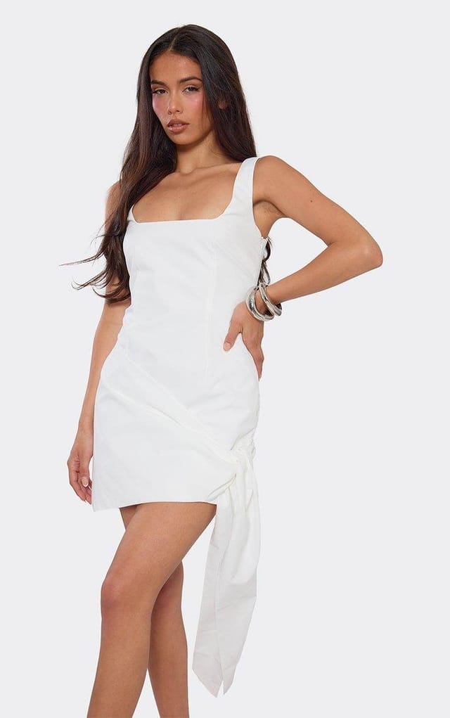 EGO Square Neck Drape Hem Mini Dress In White Woven, Women's Size UK 6 - 2