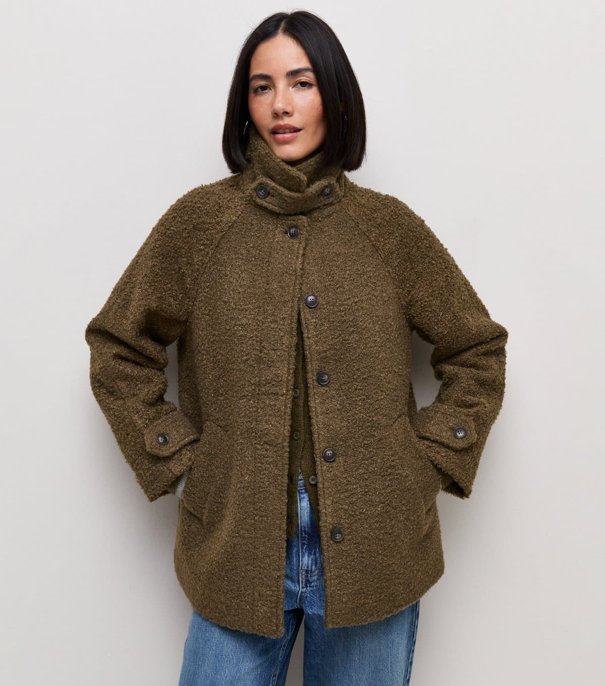 New Look Women's Dark Khaki Felt Raglan Sleeve Funnel Neck Coat New Look