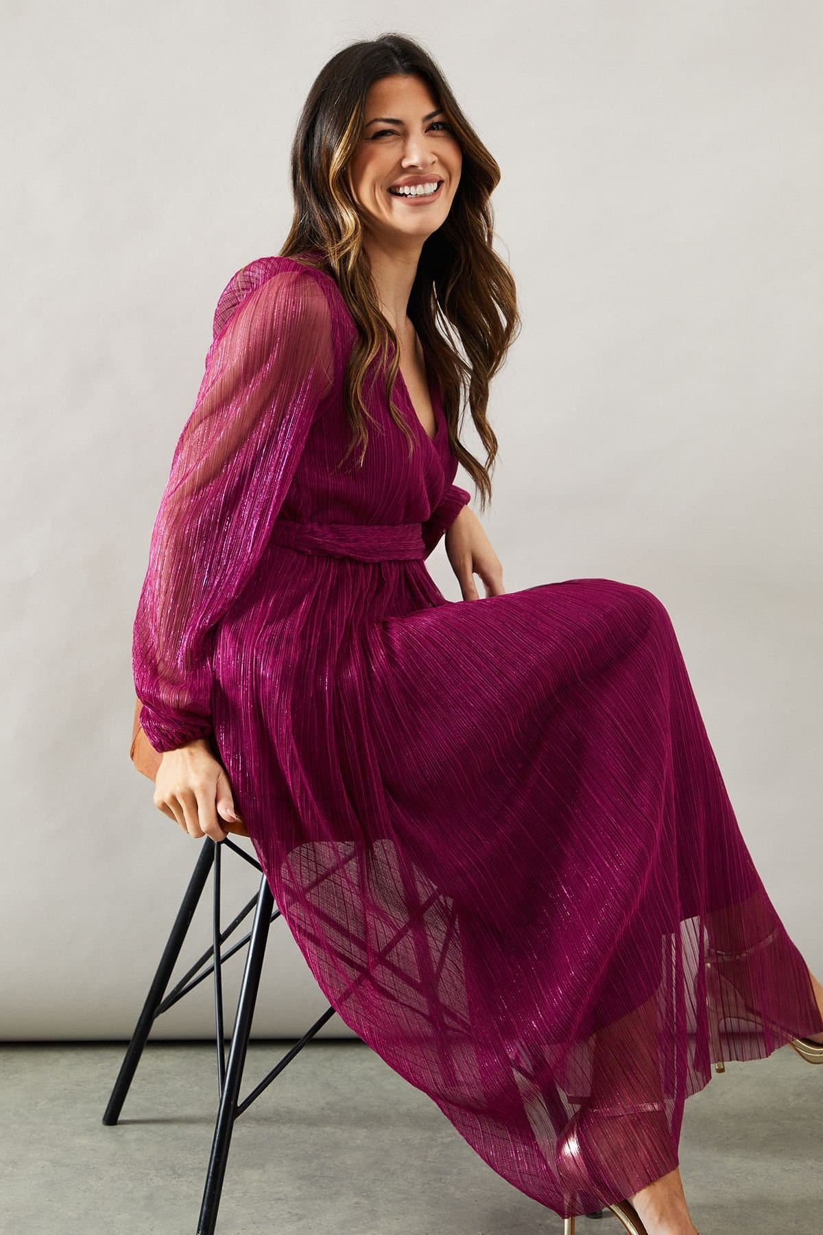 Wallis Wallis Women's Occasion Plisse Wrap Midaxi Dress in Raspberry