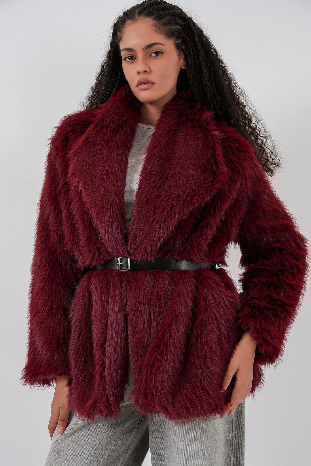 Big Dart Big Dart Women's Long Oversized Faux Fur Coat With Belt in Burgundy