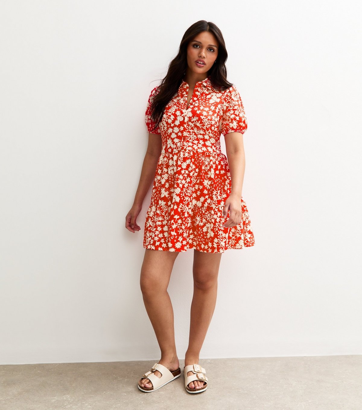 New Look Women's Red Floral Print Crinkled Tiered Mini Dress New Look - 3