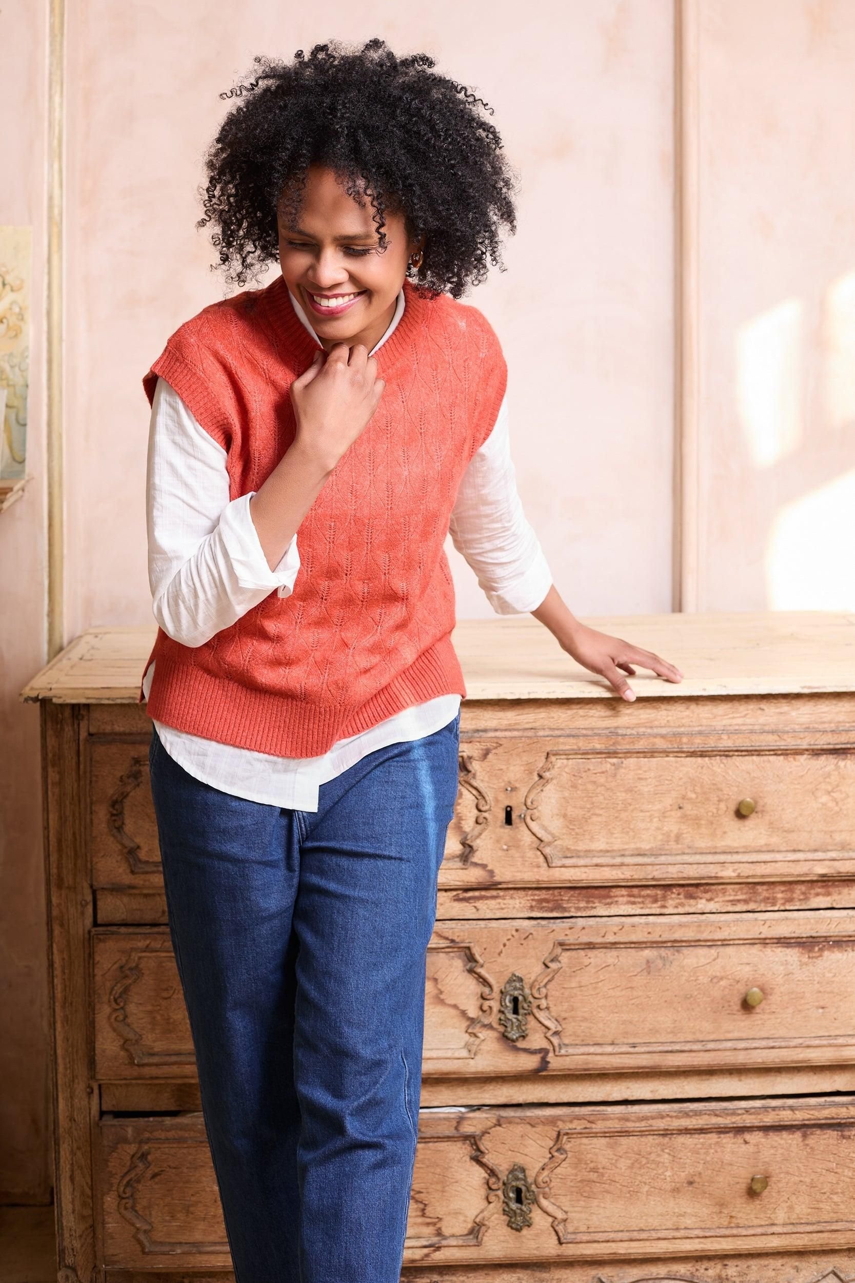 Lily & Me Lily & Me Women's Wallace Crew Neck Capped Sleeve Pointelle Knit Tank Top in Red - 3