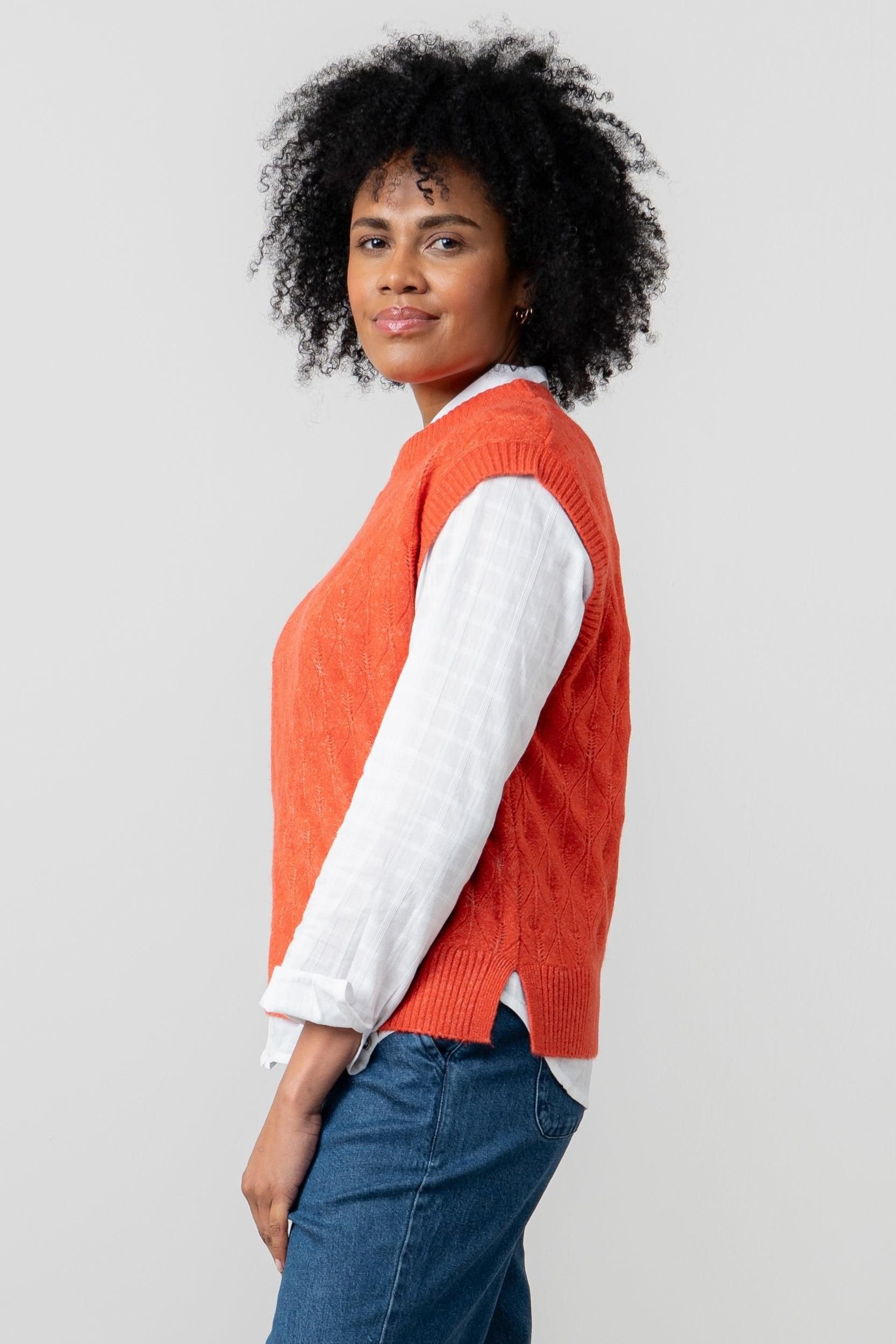 Lily & Me Lily & Me Women's Wallace Crew Neck Capped Sleeve Pointelle Knit Tank Top in Red - 4