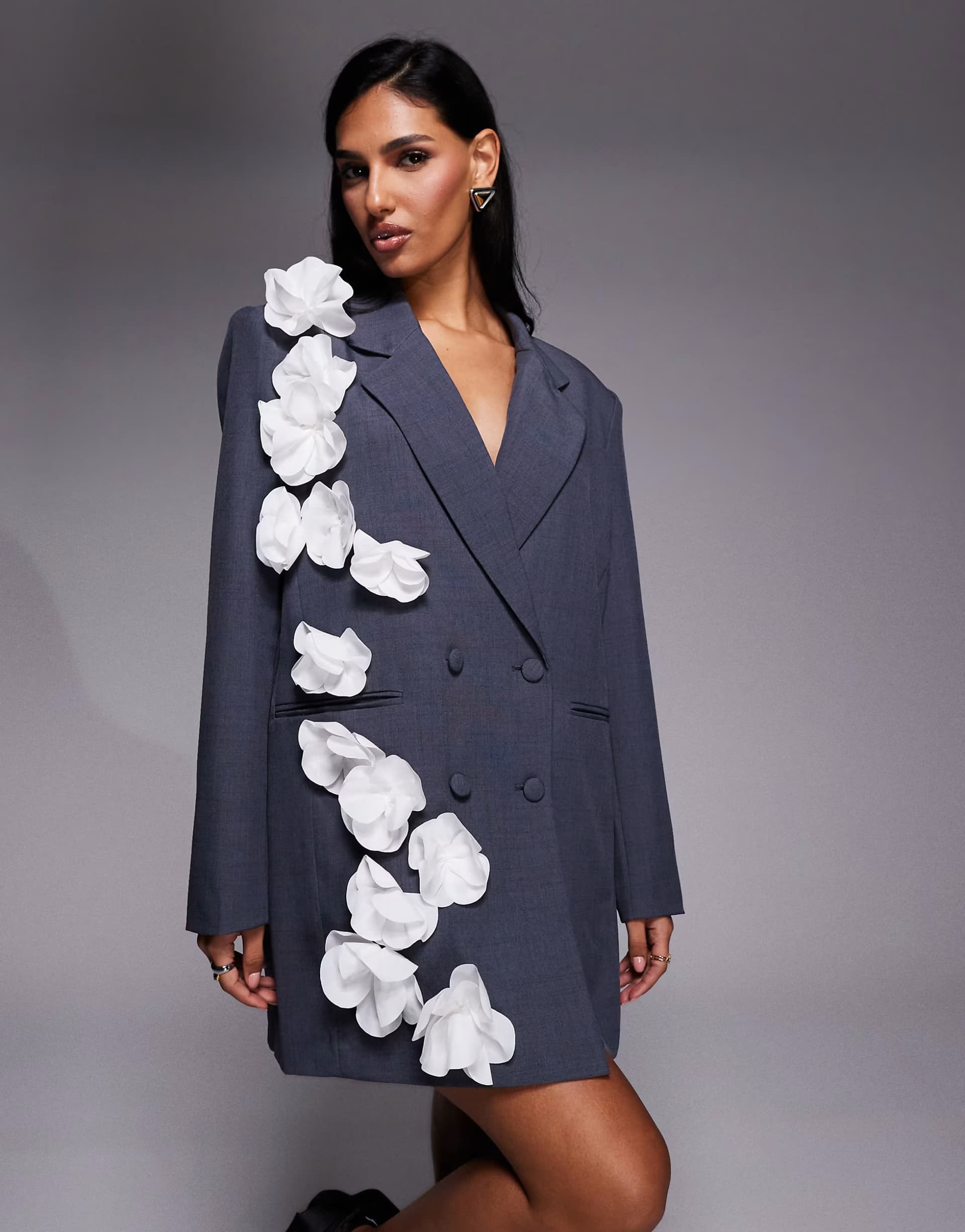 ASOS ASOS LUXE blazer dress with 3D floral detail in grey
