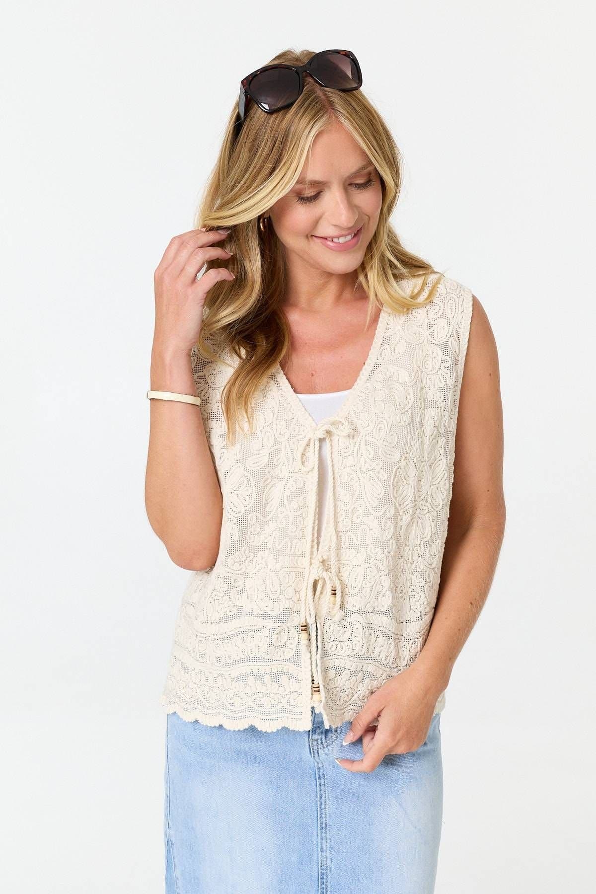 Izabel London Izabel London Women's Embroidered Texture Tie Front Vest Top in Ivory