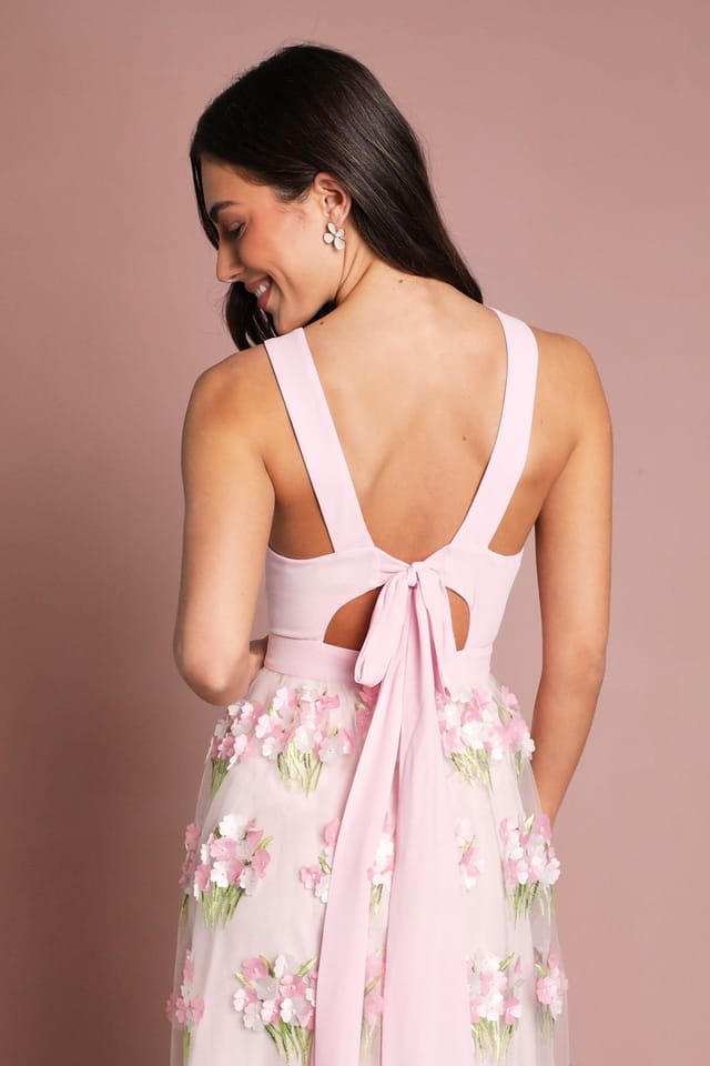 Coast Coast Women's Muse Racer Neck Embroidered Mesh Midi Dress in Pink - 2