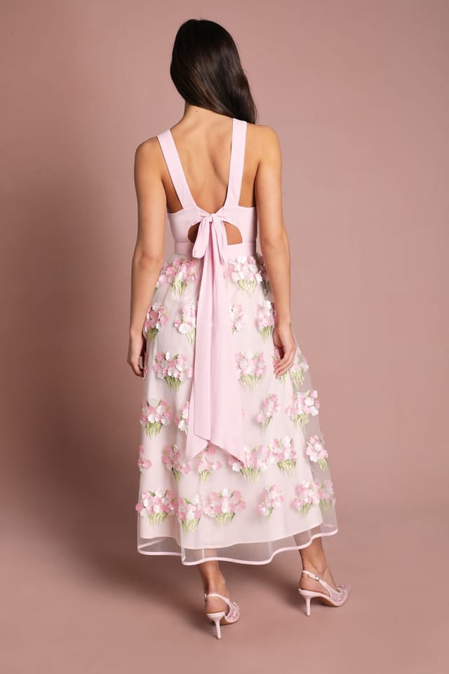 Coast Coast Women's Muse Racer Neck Embroidered Mesh Midi Dress in Pink - 3