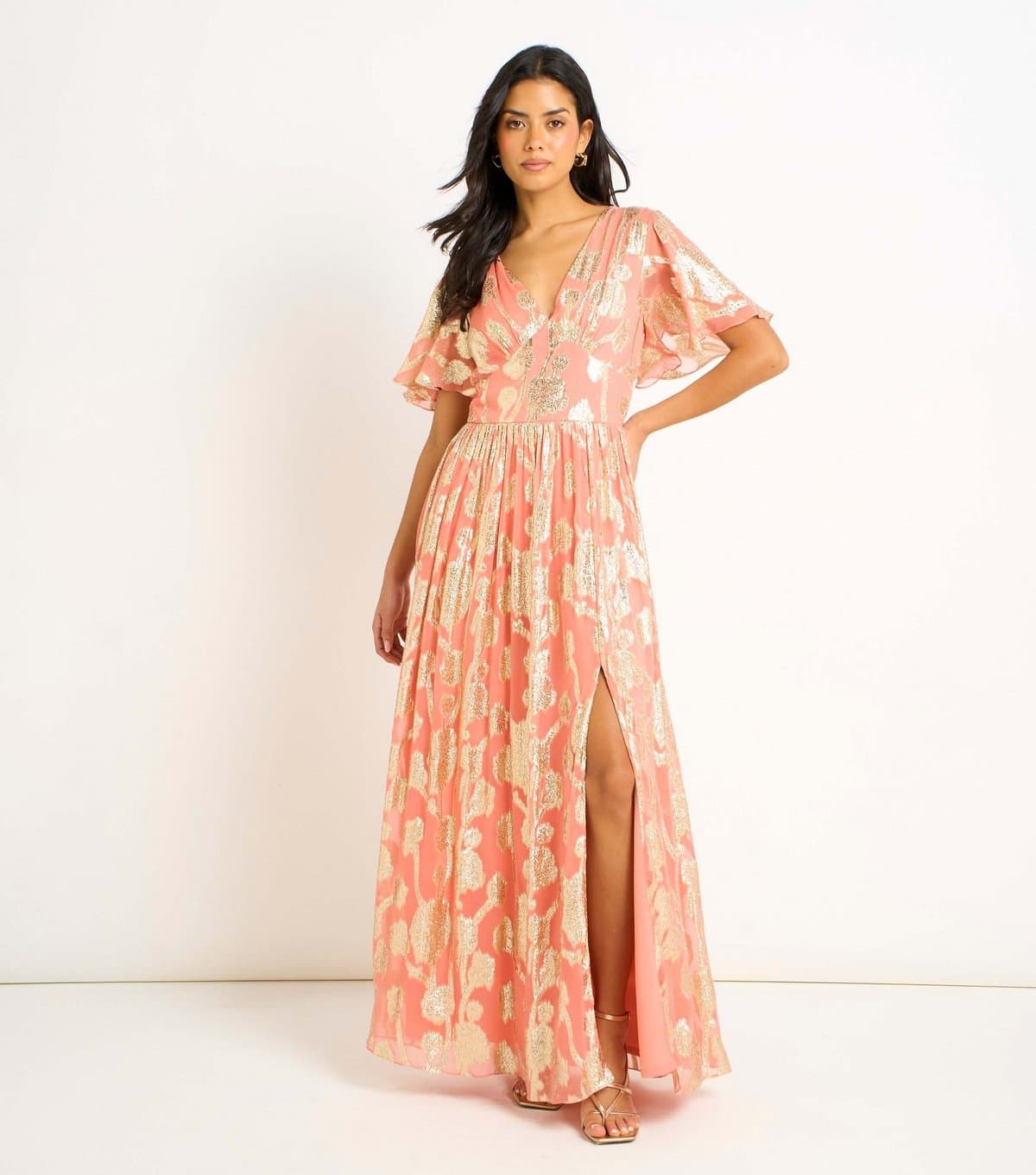 Gini London Women's Light Pink Metallic Floral Maxi Dress Gini London New Look