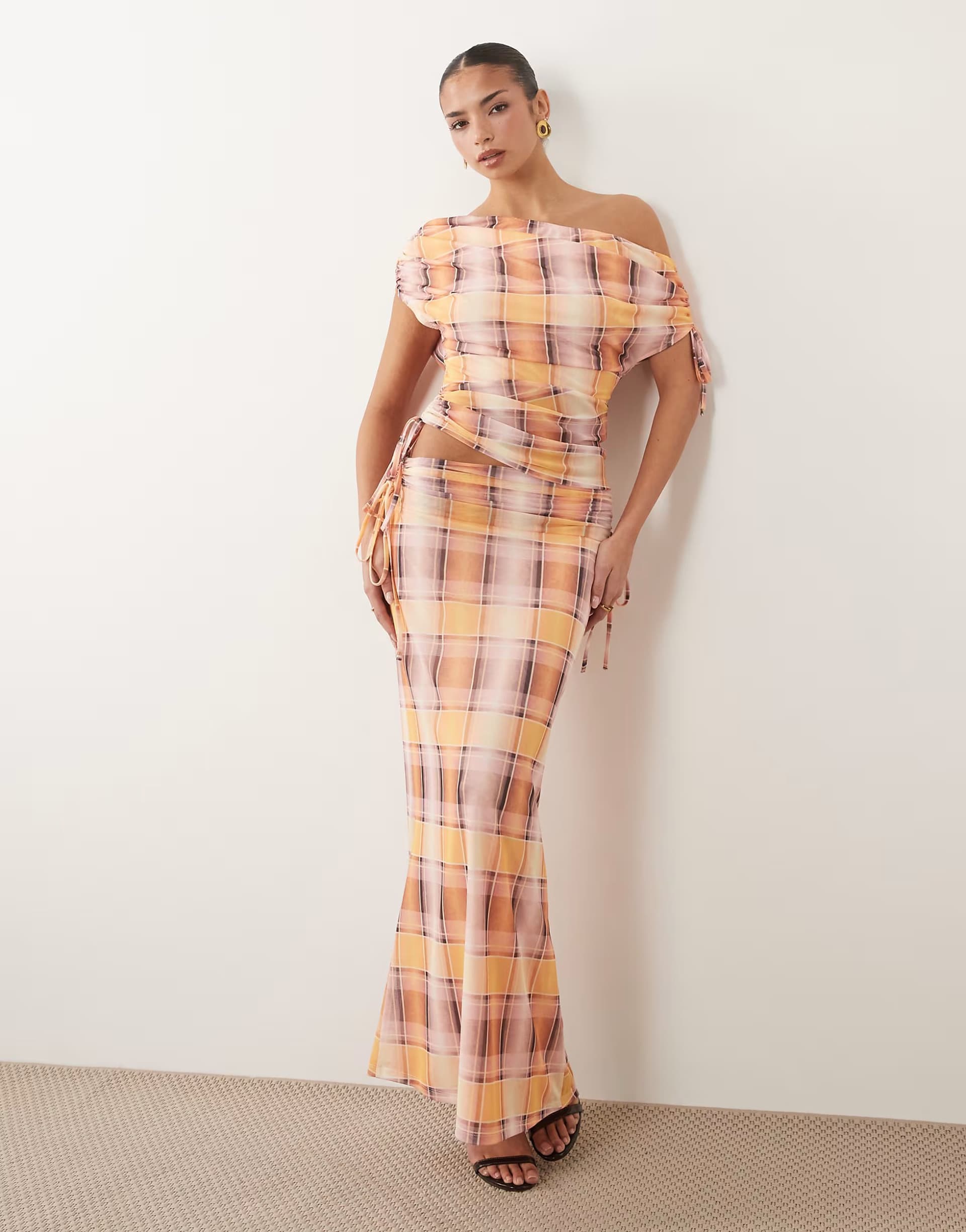 ASOS ASOS DESIGN co-ord printed mesh ruched maxi skirt in pink check print