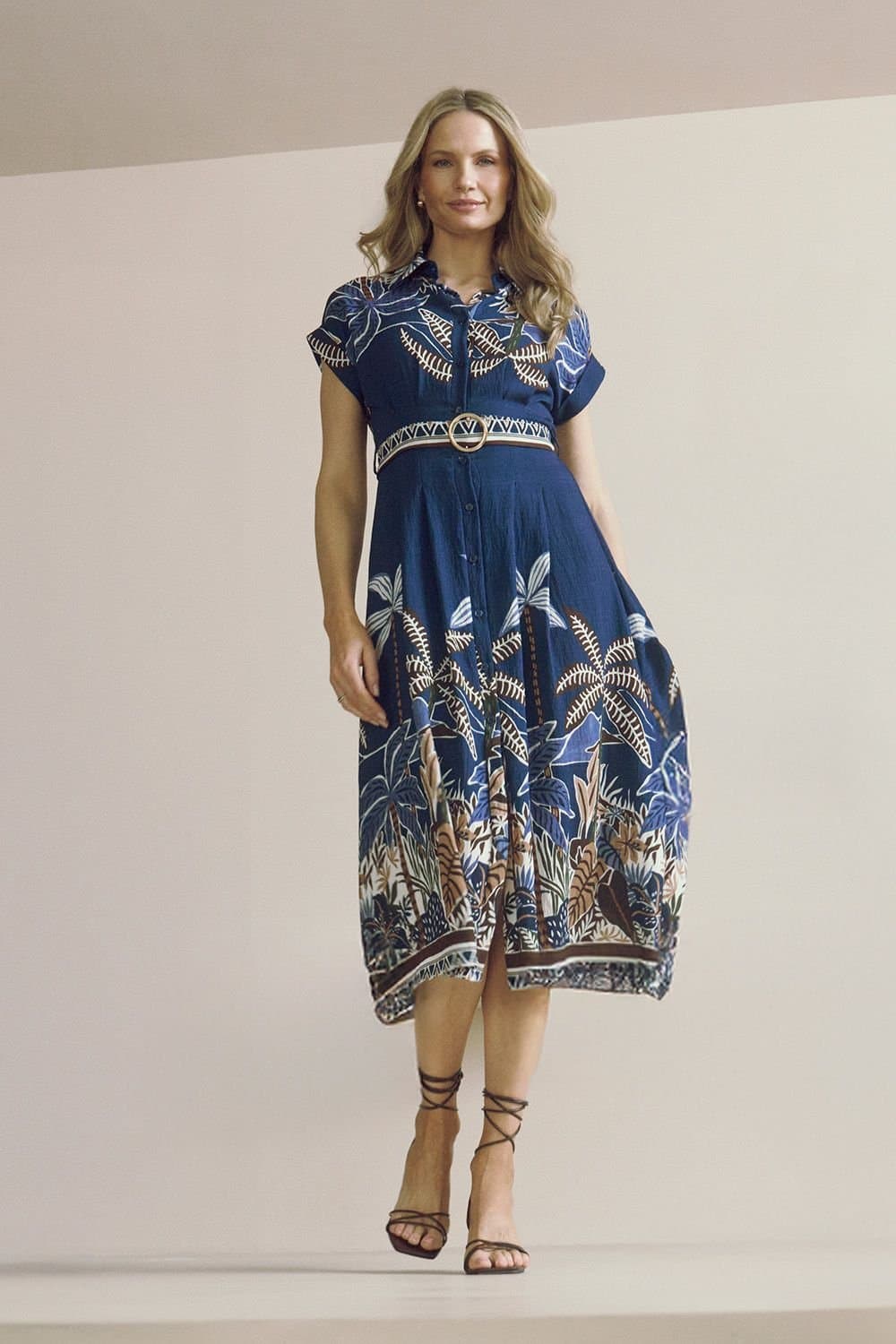 Izabel London Izabel London Women's Tropical Print Belted Midi Shirt Dress in Navy