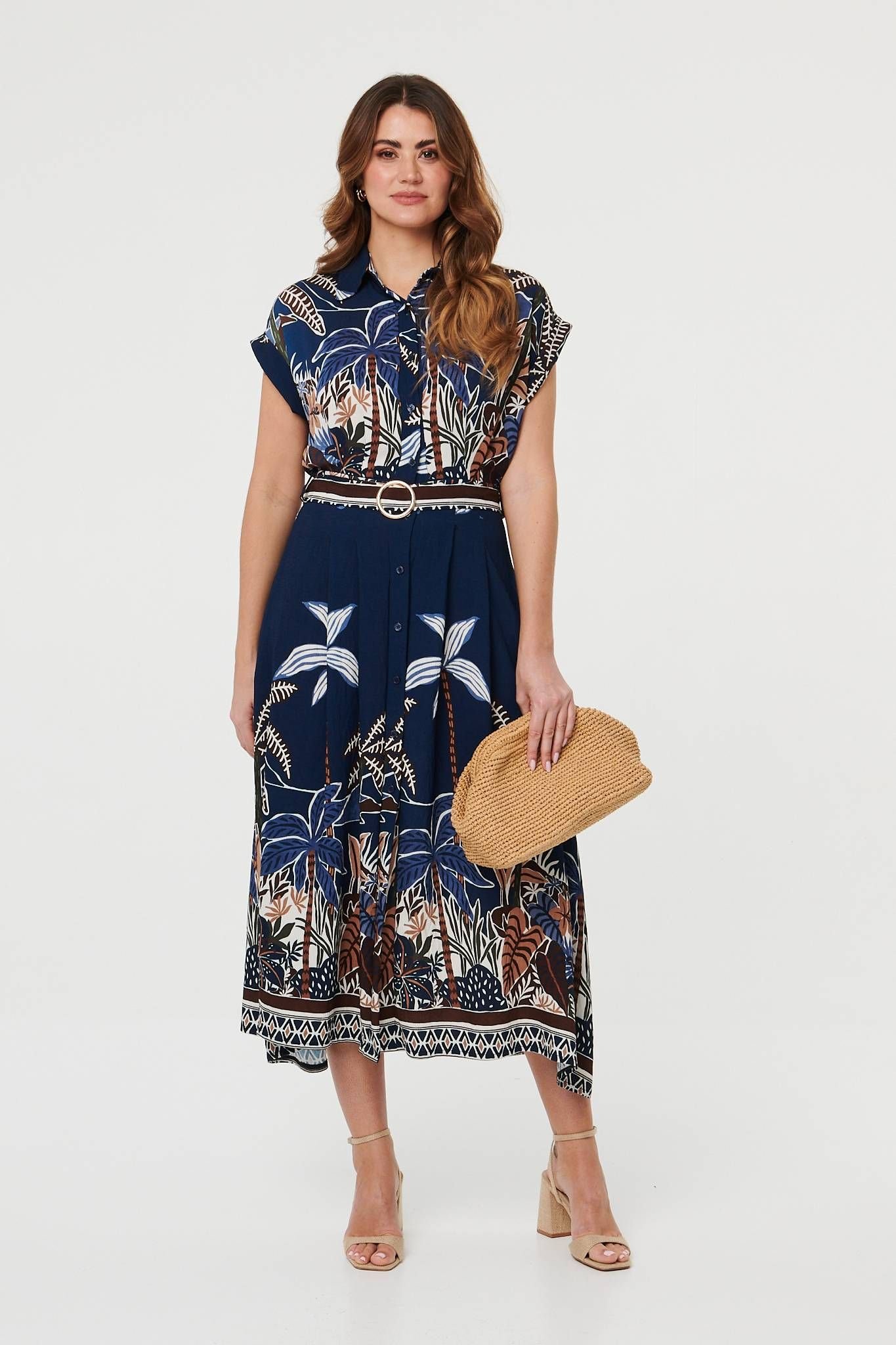 Izabel London Izabel London Women's Tropical Print Belted Midi Shirt Dress in Navy - 3