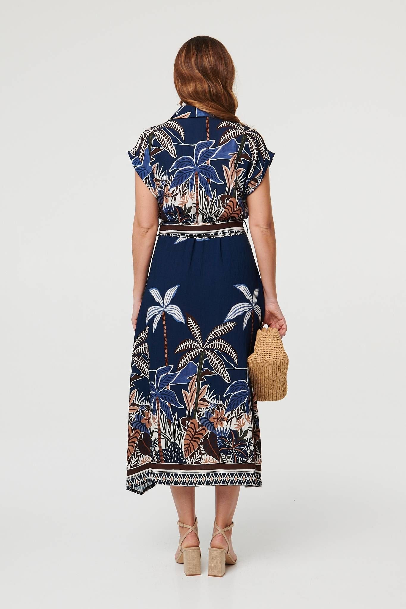 Izabel London Izabel London Women's Tropical Print Belted Midi Shirt Dress in Navy - 4
