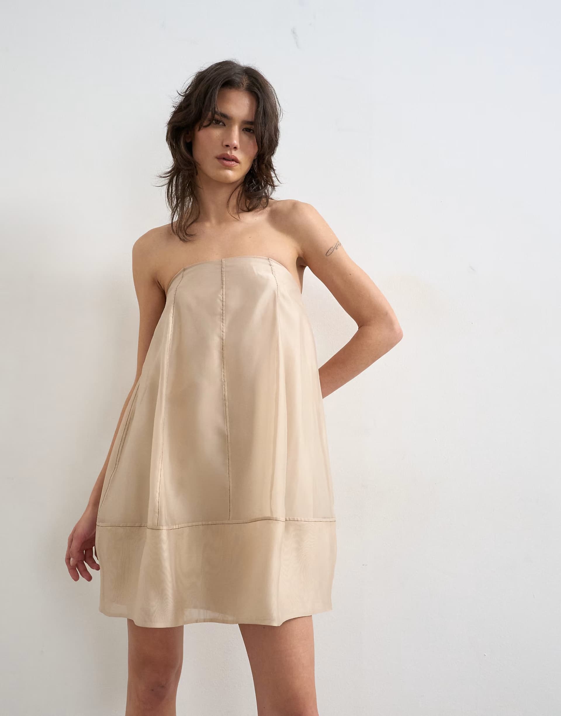 ASOS Topshop organza heavy seamed mini dress in stone