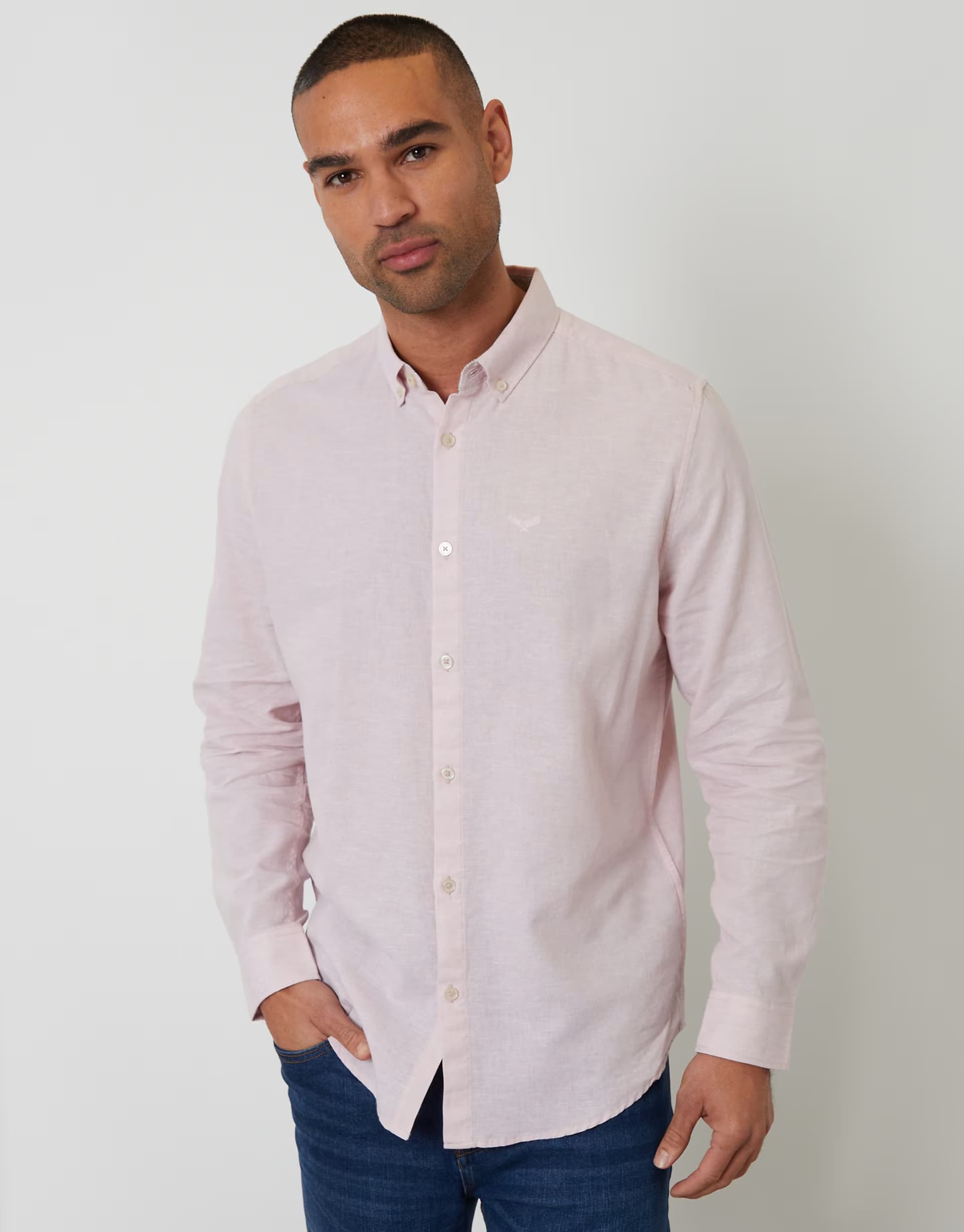 ASOS Threadbare long sleeve linen mix shirt in pale pink