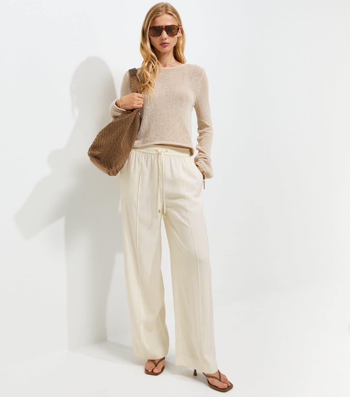 New Look Women's Cream Drawstring Front Crease Wide Leg Trousers New Look