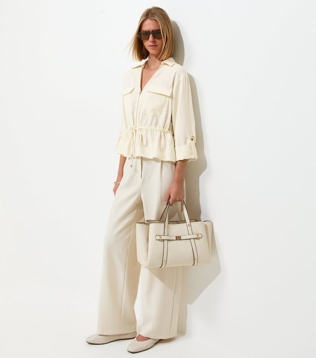 New Look Women's Cream Drawstring Front Crease Wide Leg Trousers New Look - 2