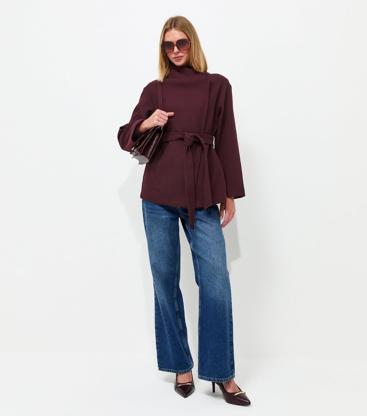 New Look Women's Dark Burgundy High Neck Belted Jacket New Look