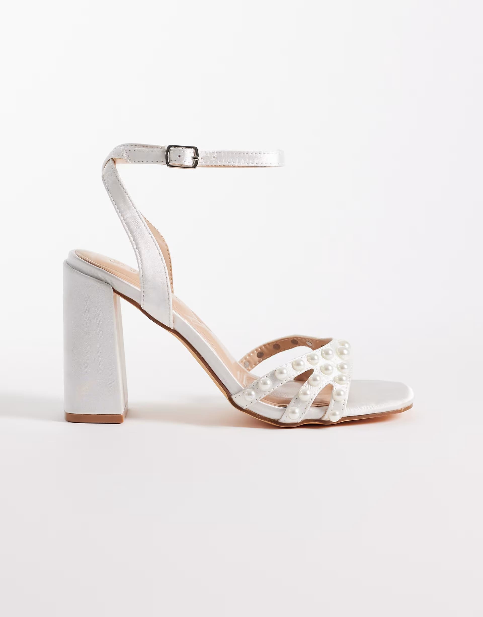 ASOS SEQWL Wide Fit Clark pearl embellished block heeled sandal in white satin