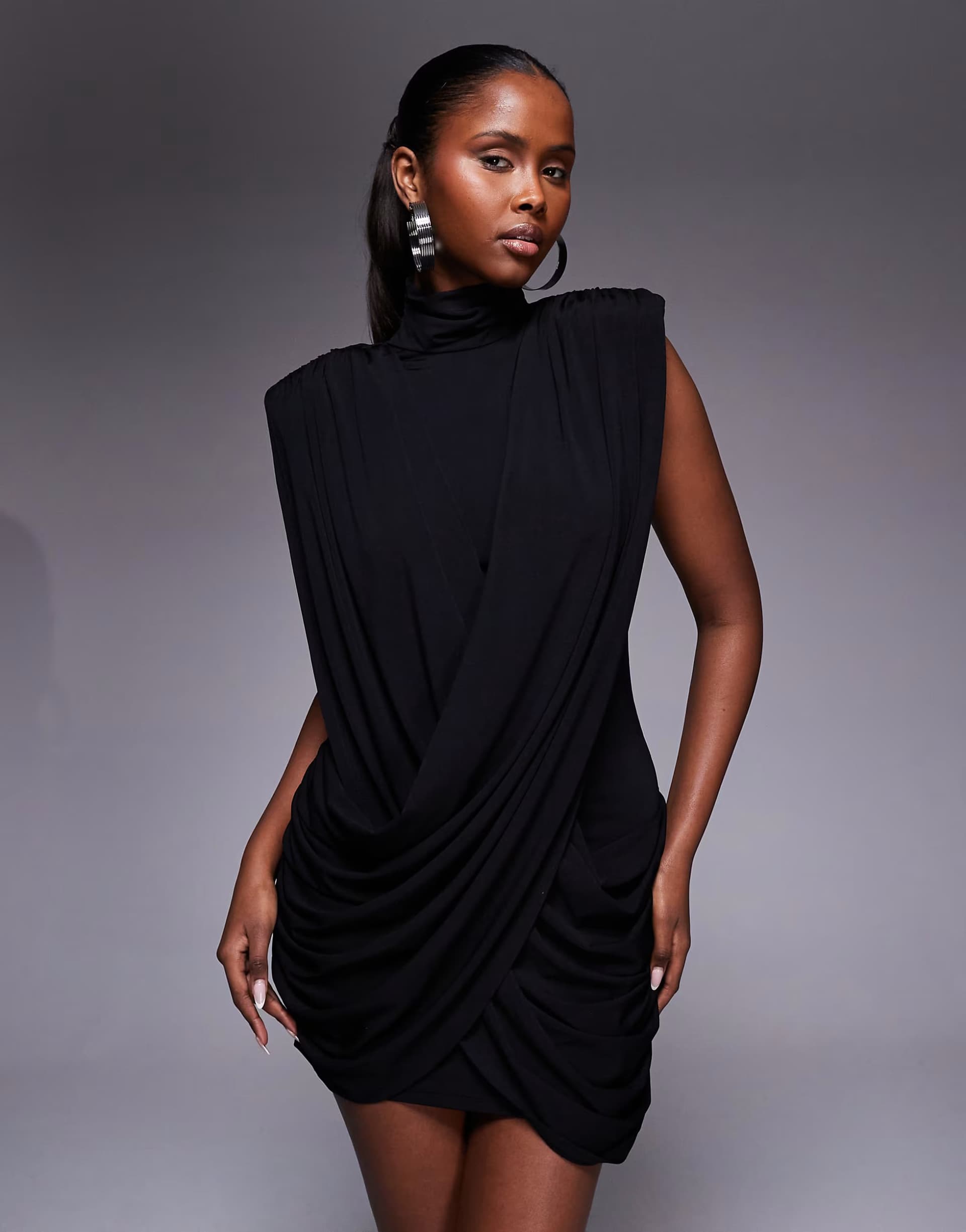 ASOS Ruched & Ready sculpting high neck padded shoulder detail extreme drape front mini dress in black