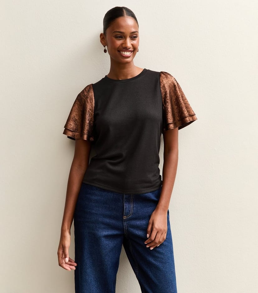 New Look Women's Dark Brown Soft Touch Metallic Flutter Sleeve Top New Look - 1