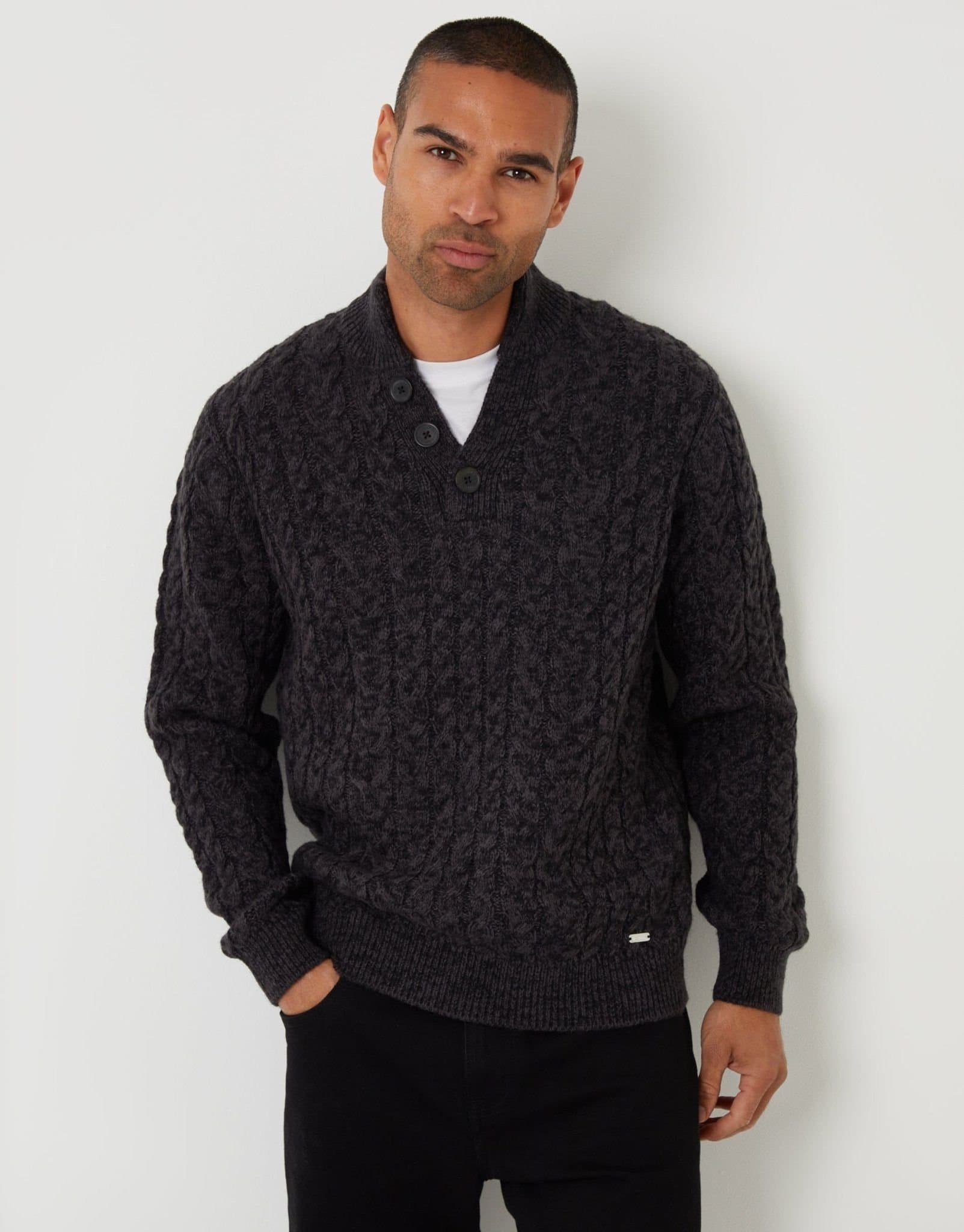 Threadbare threadbare Men's Funnel Neck Cable Knit Jumper in Black