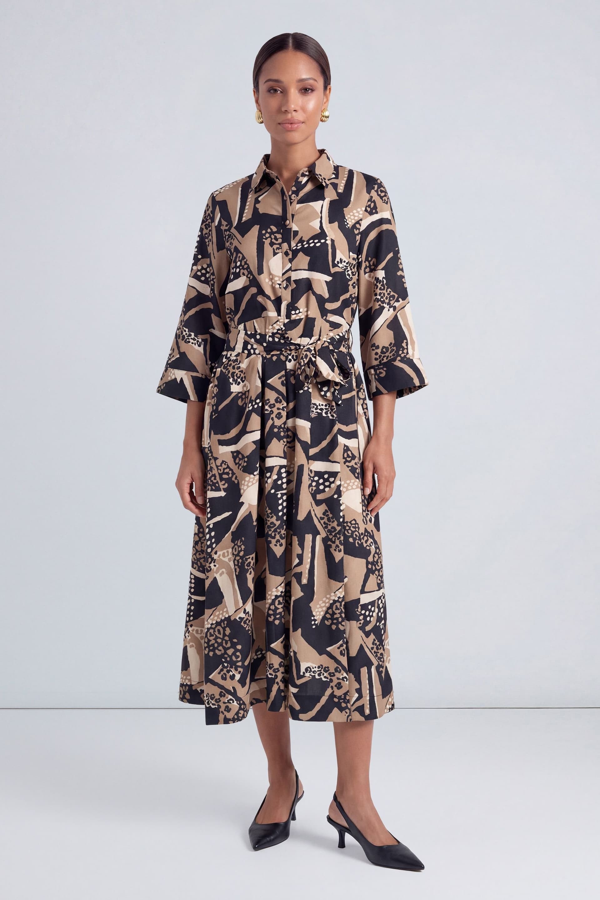 Principles Principles Women's Abstract Print Belted Button Shirt Midi Dress in Camel