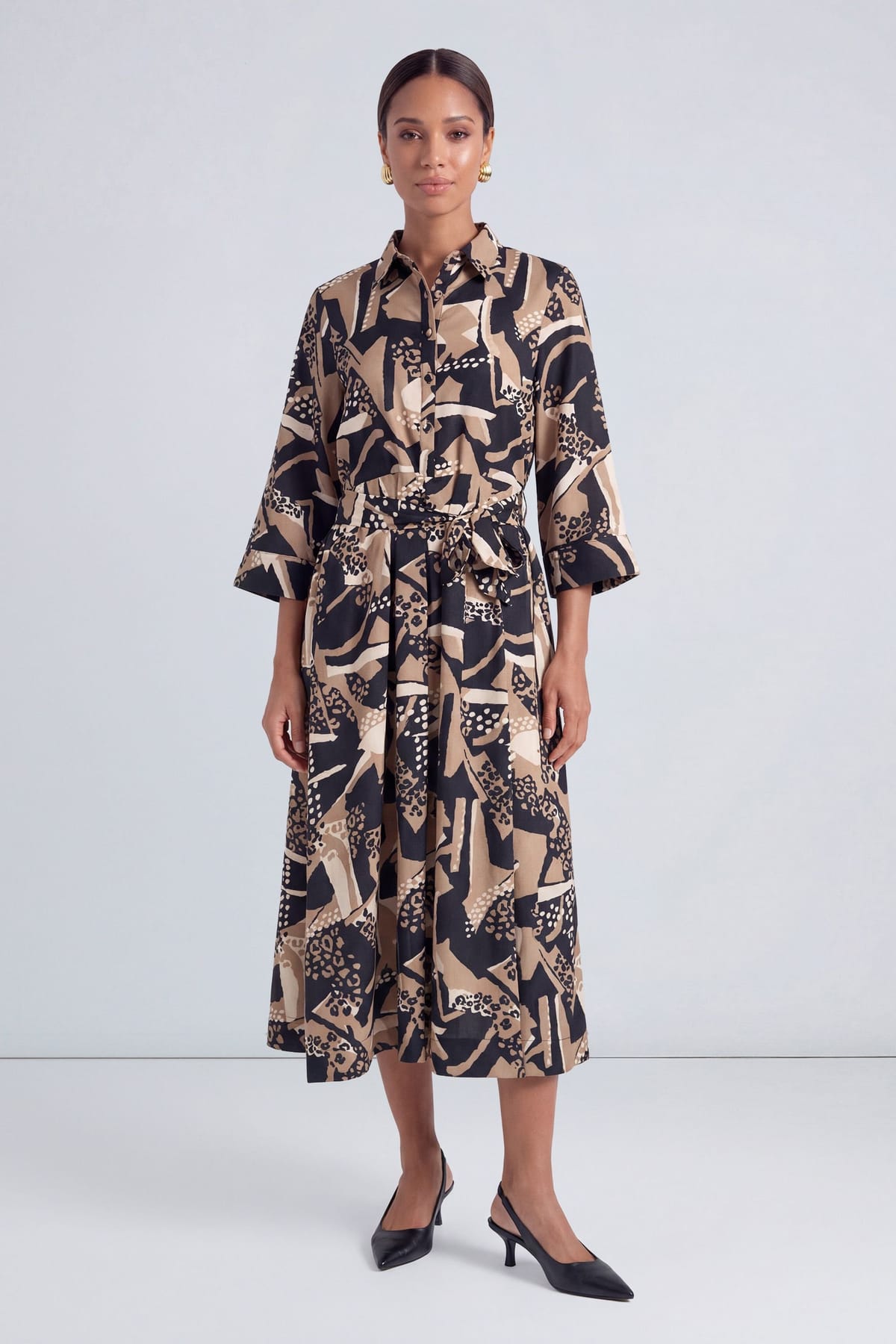 Principles Principles Women's Abstract Print Belted Button Shirt Midi Dress in Camel - 1
