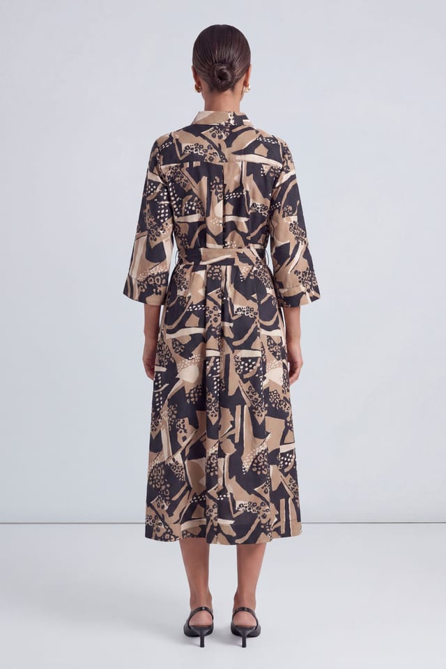 Principles Principles Women's Abstract Print Belted Button Shirt Midi Dress in Camel - 2