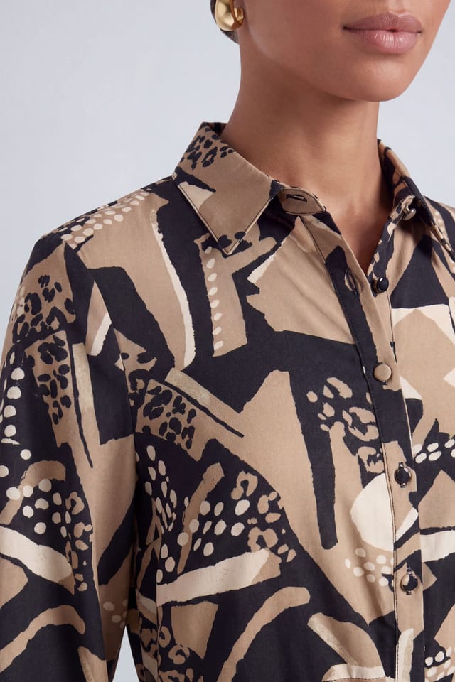 Principles Principles Women's Abstract Print Belted Button Shirt Midi Dress in Camel - 3