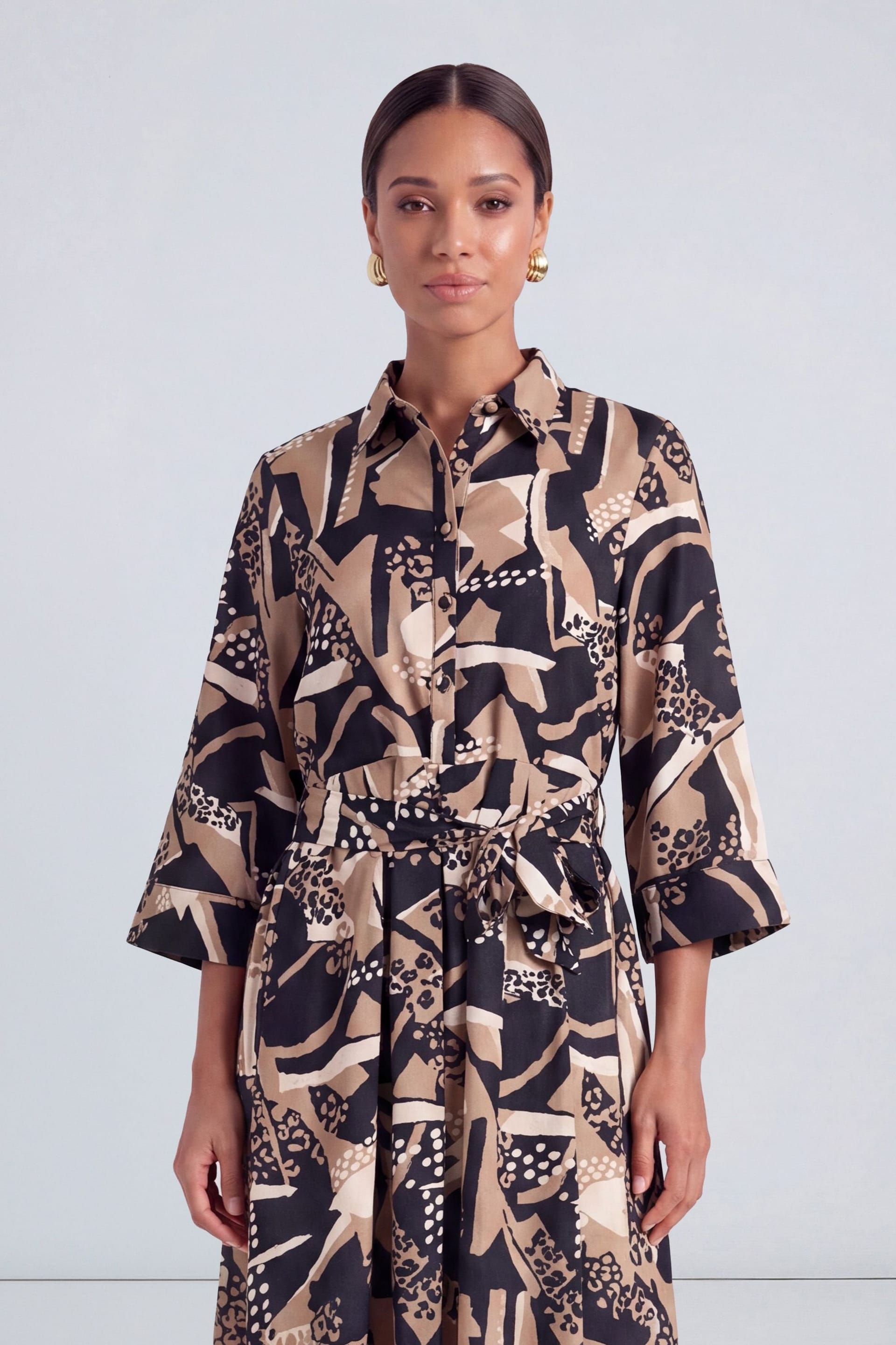 Principles Principles Women's Abstract Print Belted Button Shirt Midi Dress in Camel - 4