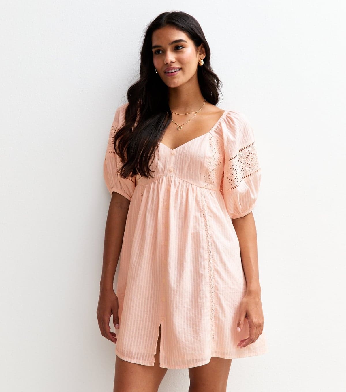 New Look Women's Light Pink Striped Embroidered Sleeve Mini Dress New Look