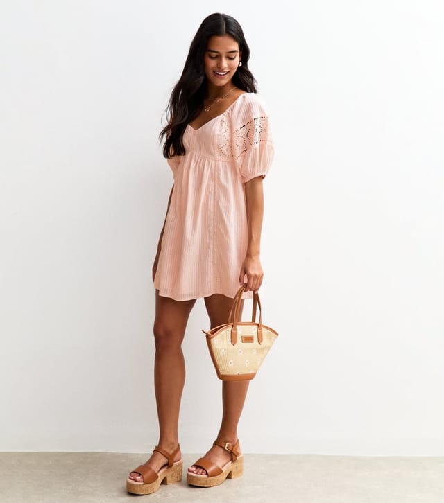 New Look Women's Light Pink Striped Embroidered Sleeve Mini Dress New Look - 2