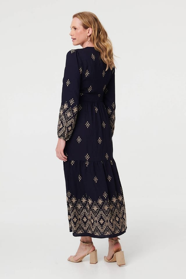 Izabel London Izabel London Women's Border Print Long Sleeve Maxi Dress in Navy - 3