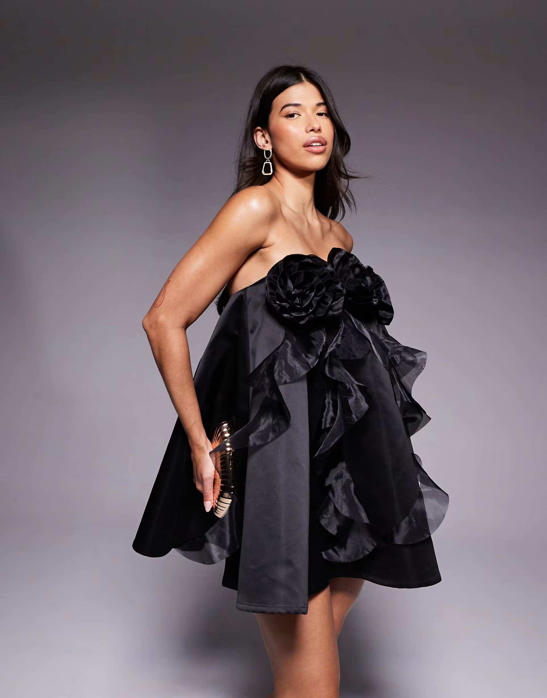 ASOS ASOS LUXE organza bandeau mini dress with 3D flower detail in black