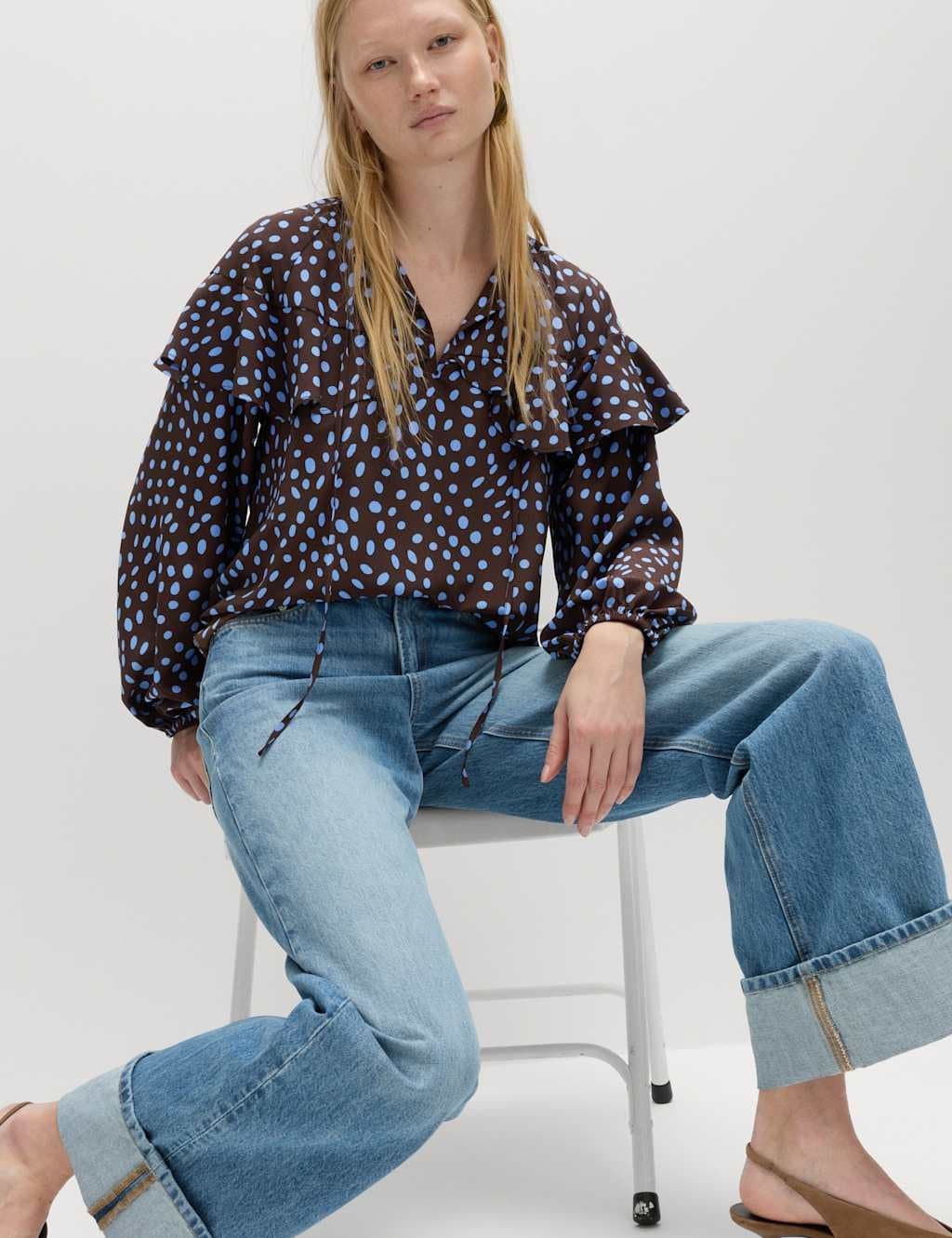 Marks & Spencer M&S Spot Print Tie Front Frill Detail Top Blue Mix