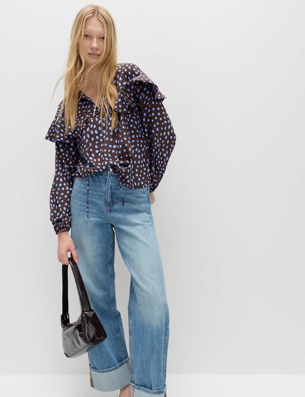 Marks & Spencer M&S Spot Print Tie Front Frill Detail Top Blue Mix - 3