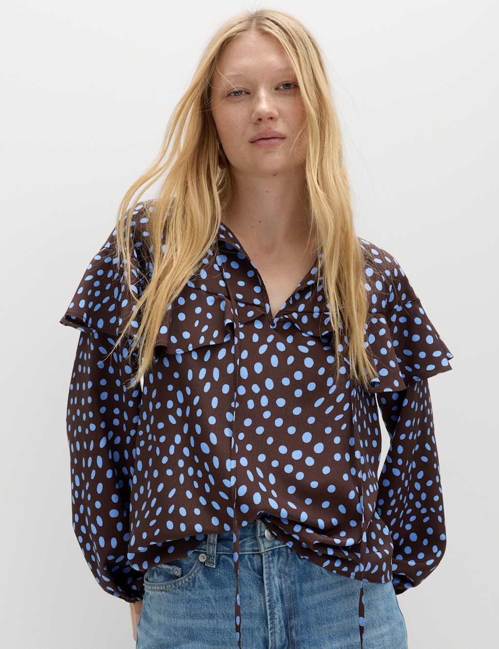 Marks & Spencer M&S Spot Print Tie Front Frill Detail Top Blue Mix - 4