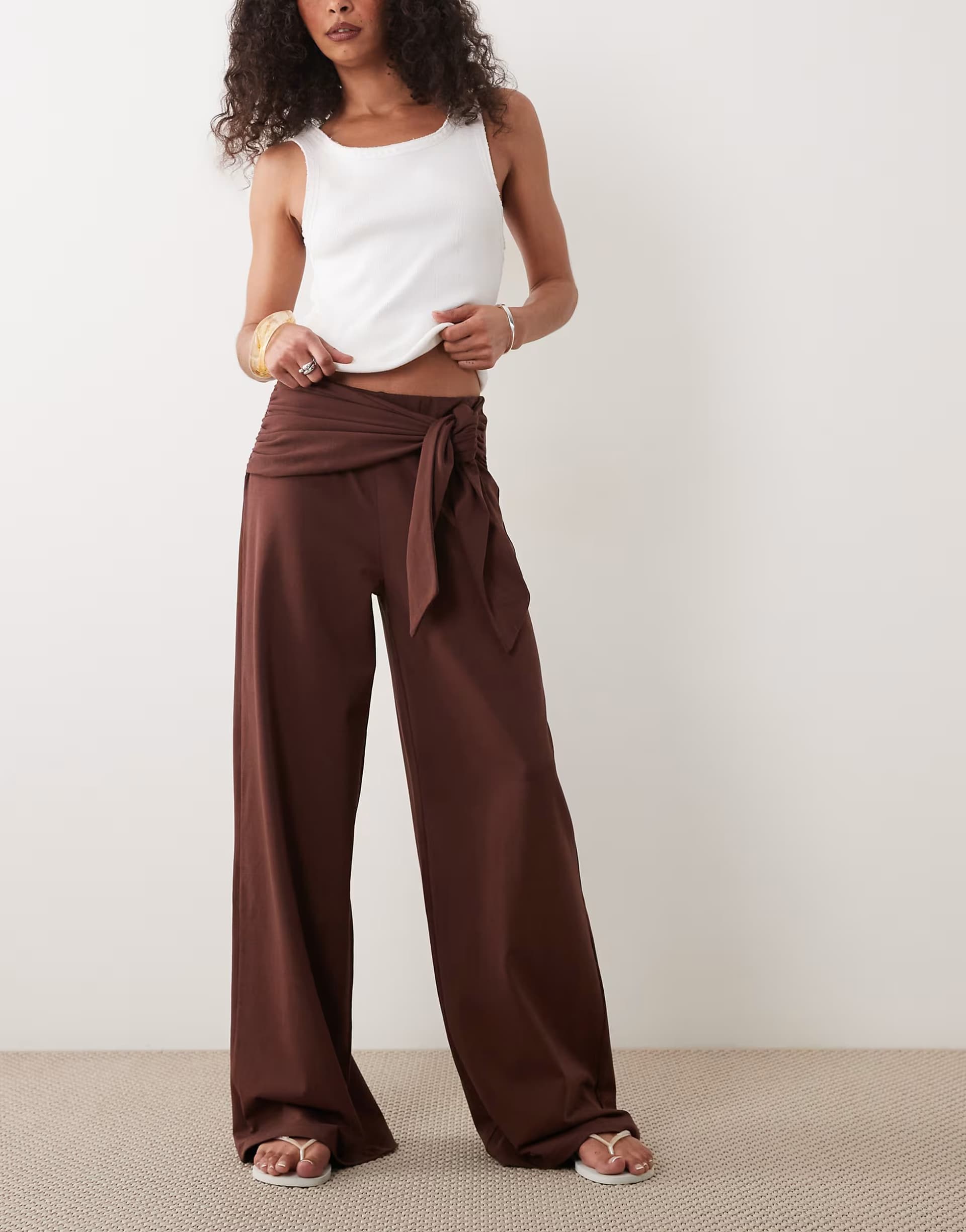 ASOS ASOS DESIGN tie waist detail wide leg trousers in brown