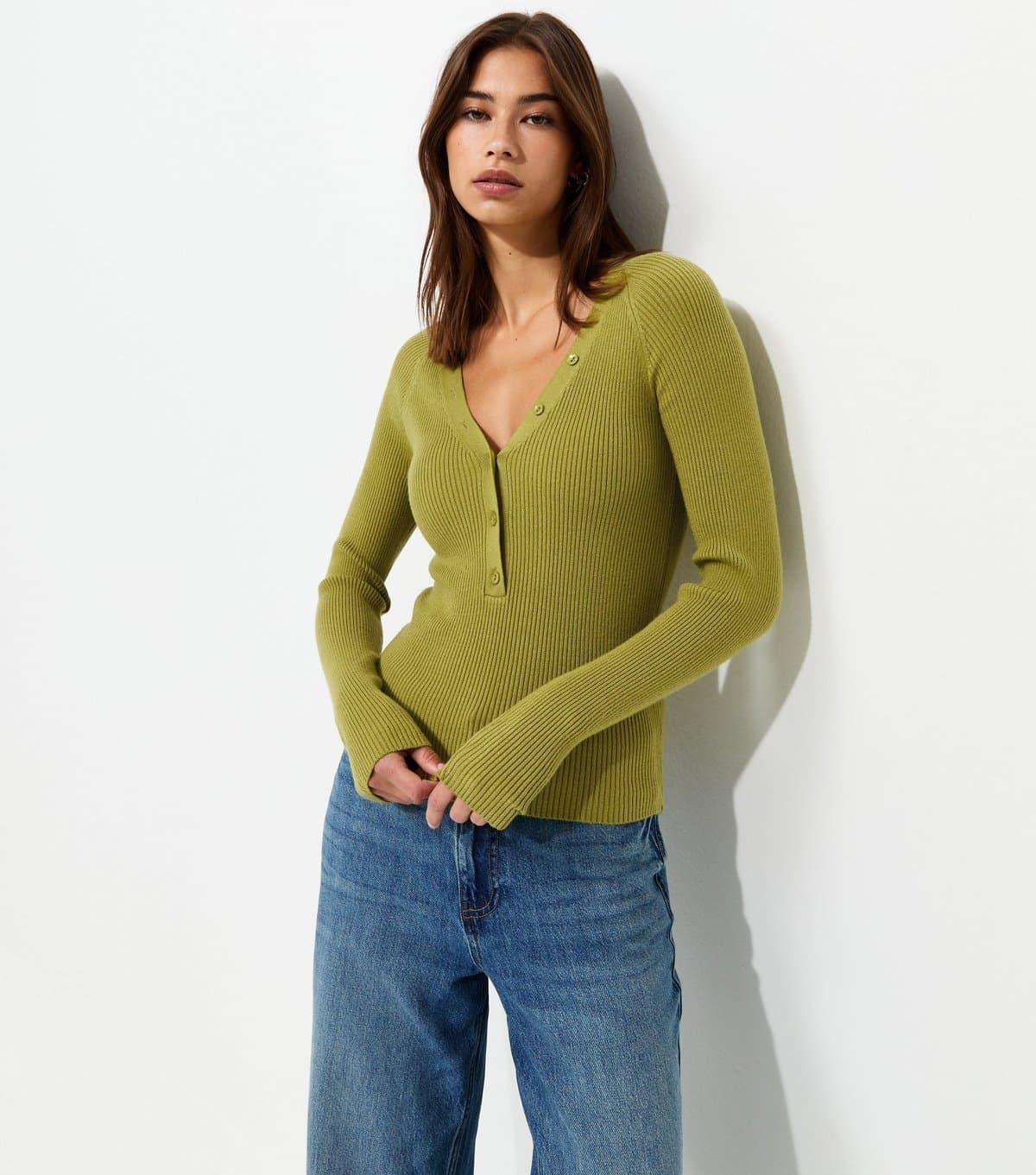 New Look Women's Green Ribbed Knit Lightweight Henley Top New Look