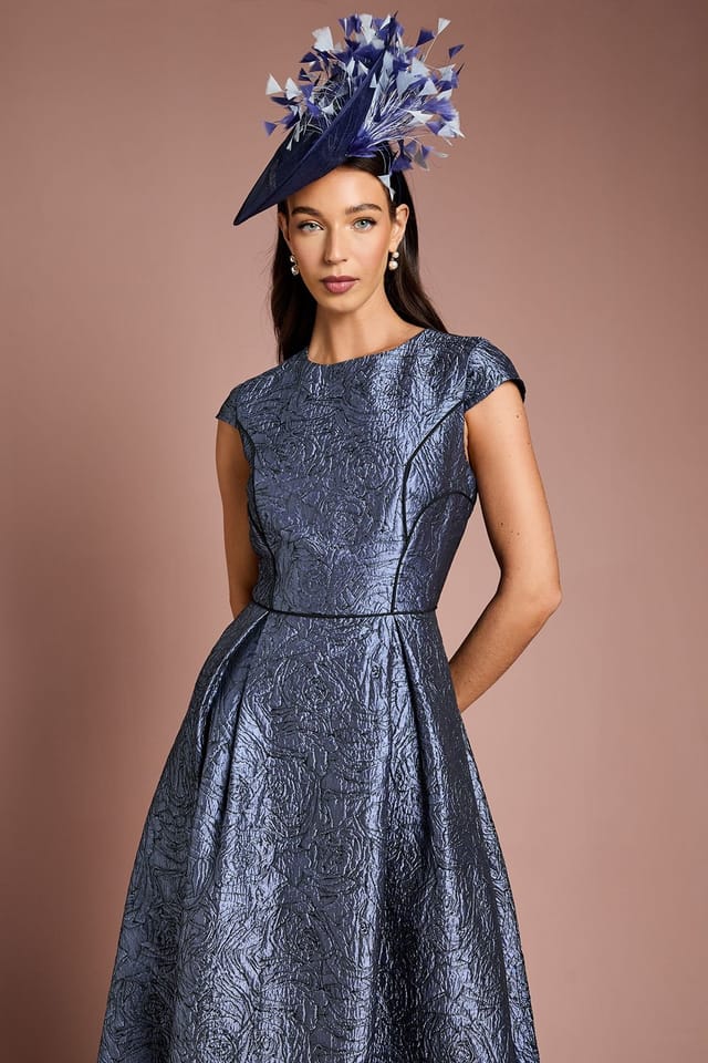 Coast Coast Women's Lisa Tan Cap Sleeve Jacquard Full Skirted Midi Dress in Slate - 2