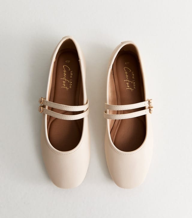New Look Women's Off White Faux Leather Double Strap Mary Jane Ballet Flats Vegan New Look - 2