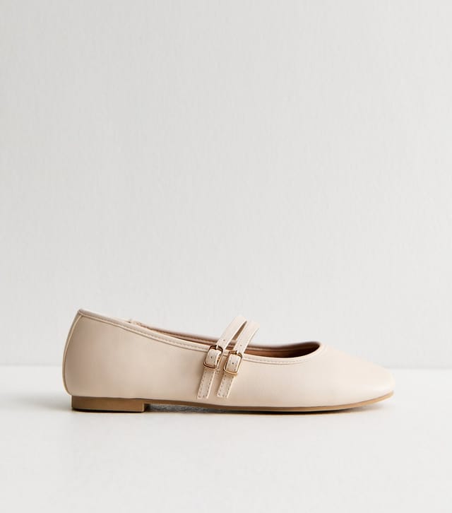 New Look Women's Off White Faux Leather Double Strap Mary Jane Ballet Flats Vegan New Look - 3